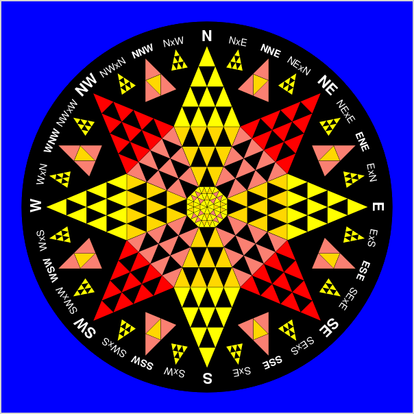 A boldly color quilt using triangular panels for the points of a compass rose.
