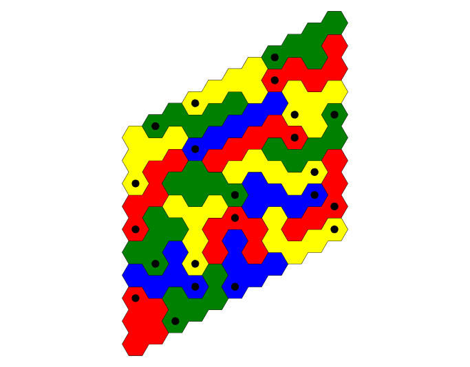 A rhombic matric of game pieces each formed with five touching
        hexagons