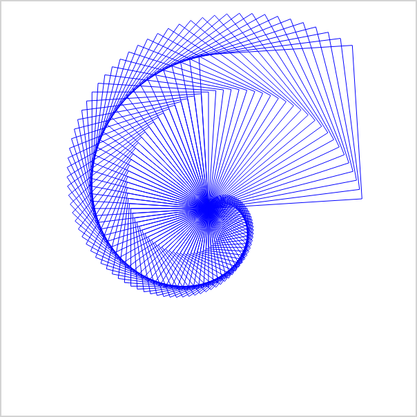 A set of increasing sized squares each with a common corner point and a different start angle.