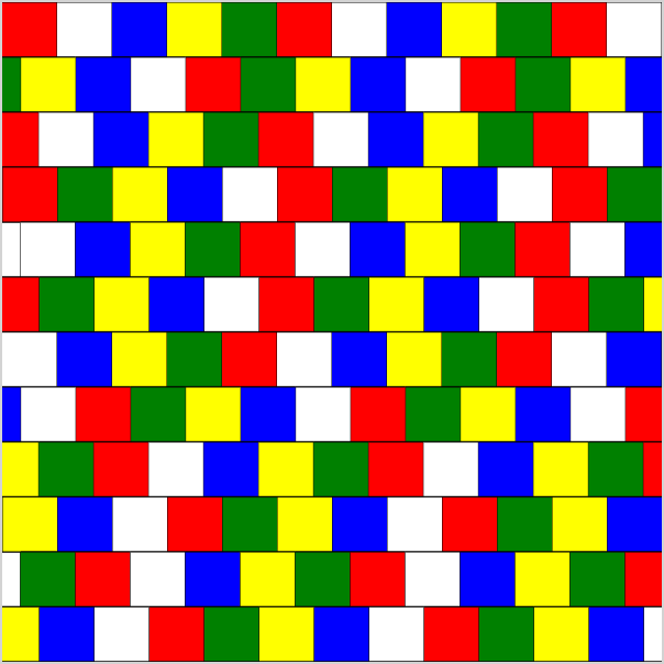 A tiling of multi-colored squares with the squares not aligned
    vertically. This pattern is periodic horizontally and non-periodic vertically.